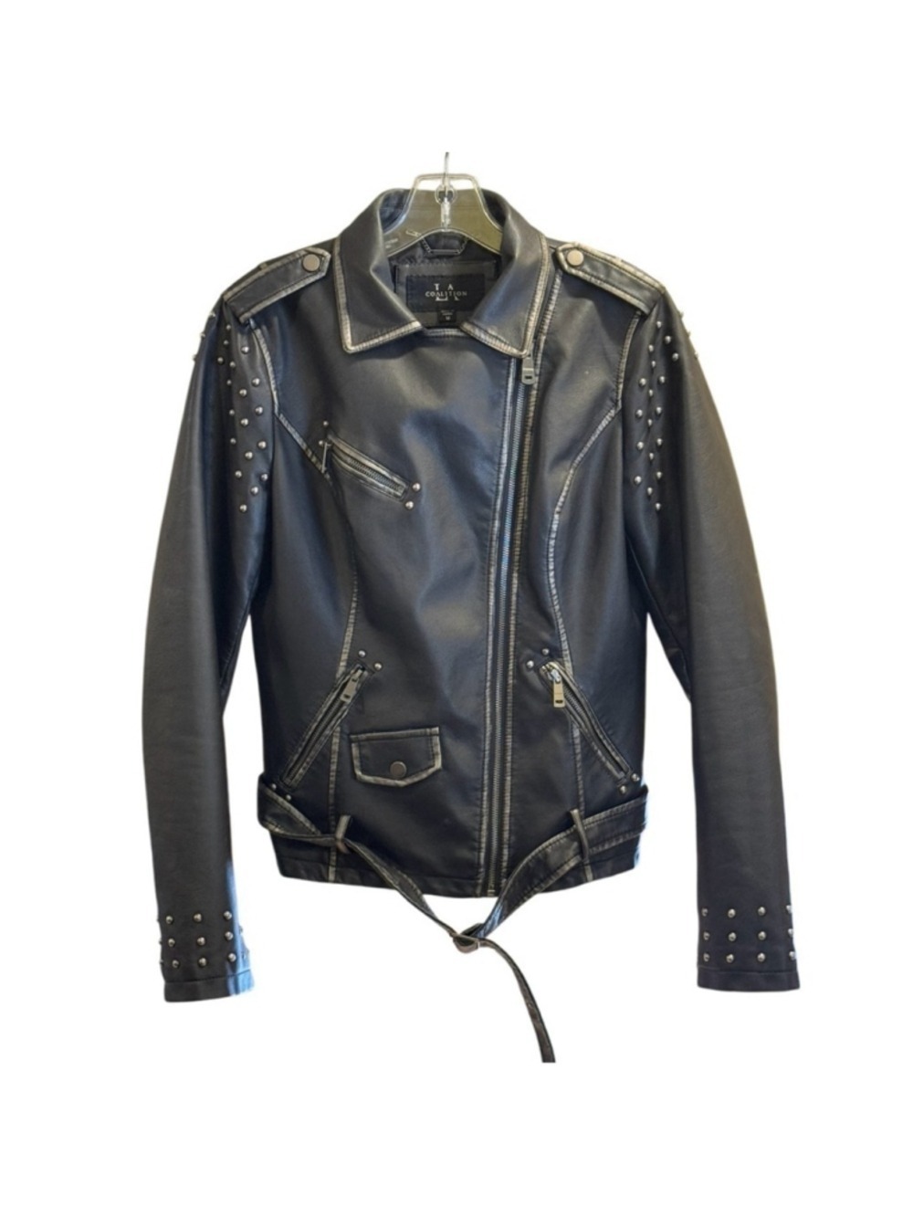 T Coalition Women Moto Jacket Black Faux Leather Studded